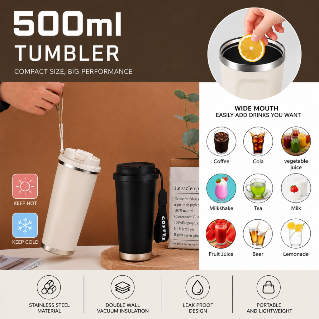 500ml Stainless Steel Insulated Travel Tumbler with Lid