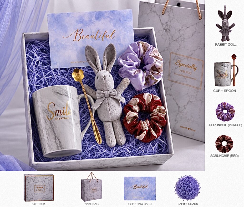 Gift Box Set with Ceramic Mug, Towel Bear & floral Scrunchie | Belamore Collection