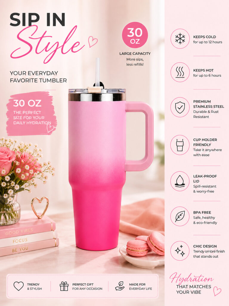 30 oz Stainless Steel Travel tumbler with Handle ( Pink )| Belamore Collection